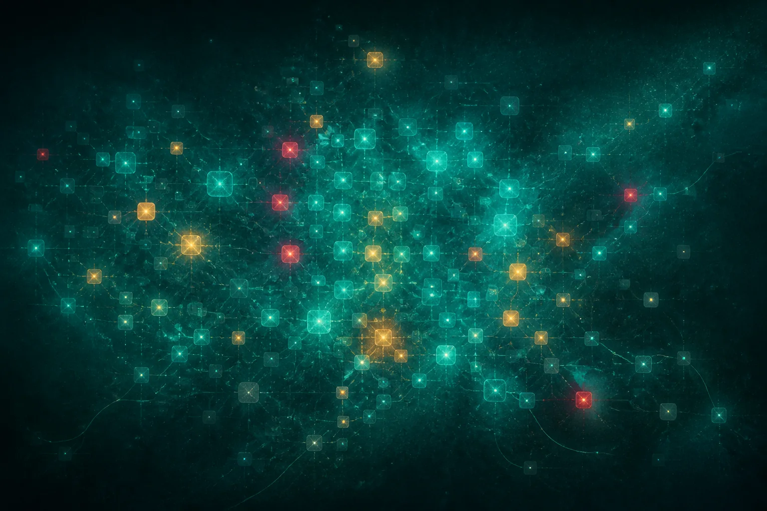 Abstract recall climate: teal, amber, and rose cells clustered like a memory map.
